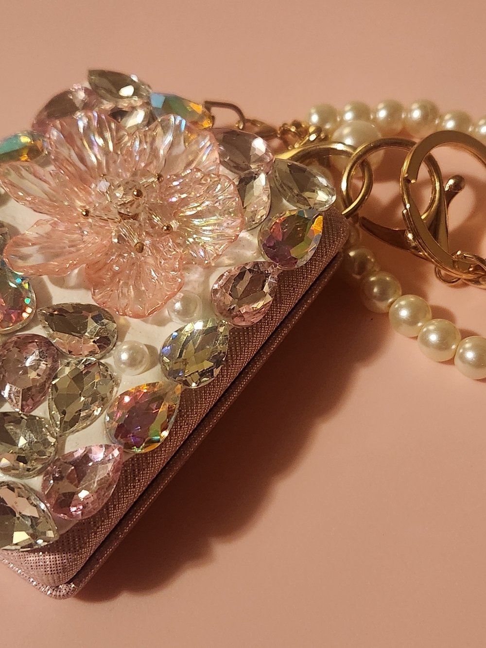 Pink Crystal Flower Charm Phone Wallet Keychain